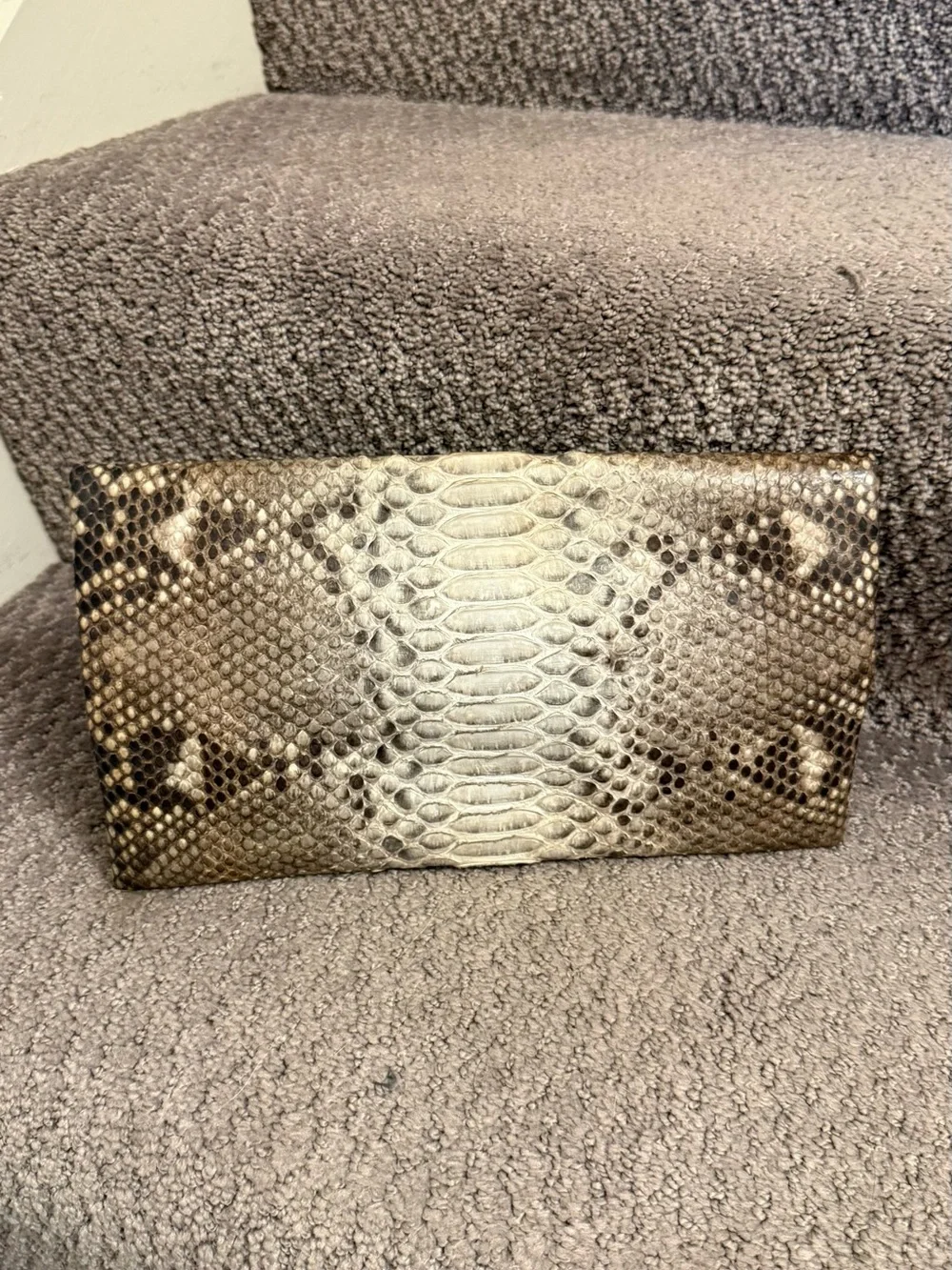 Python-Effect Foldover Clutch Bag in Taupe and Black
